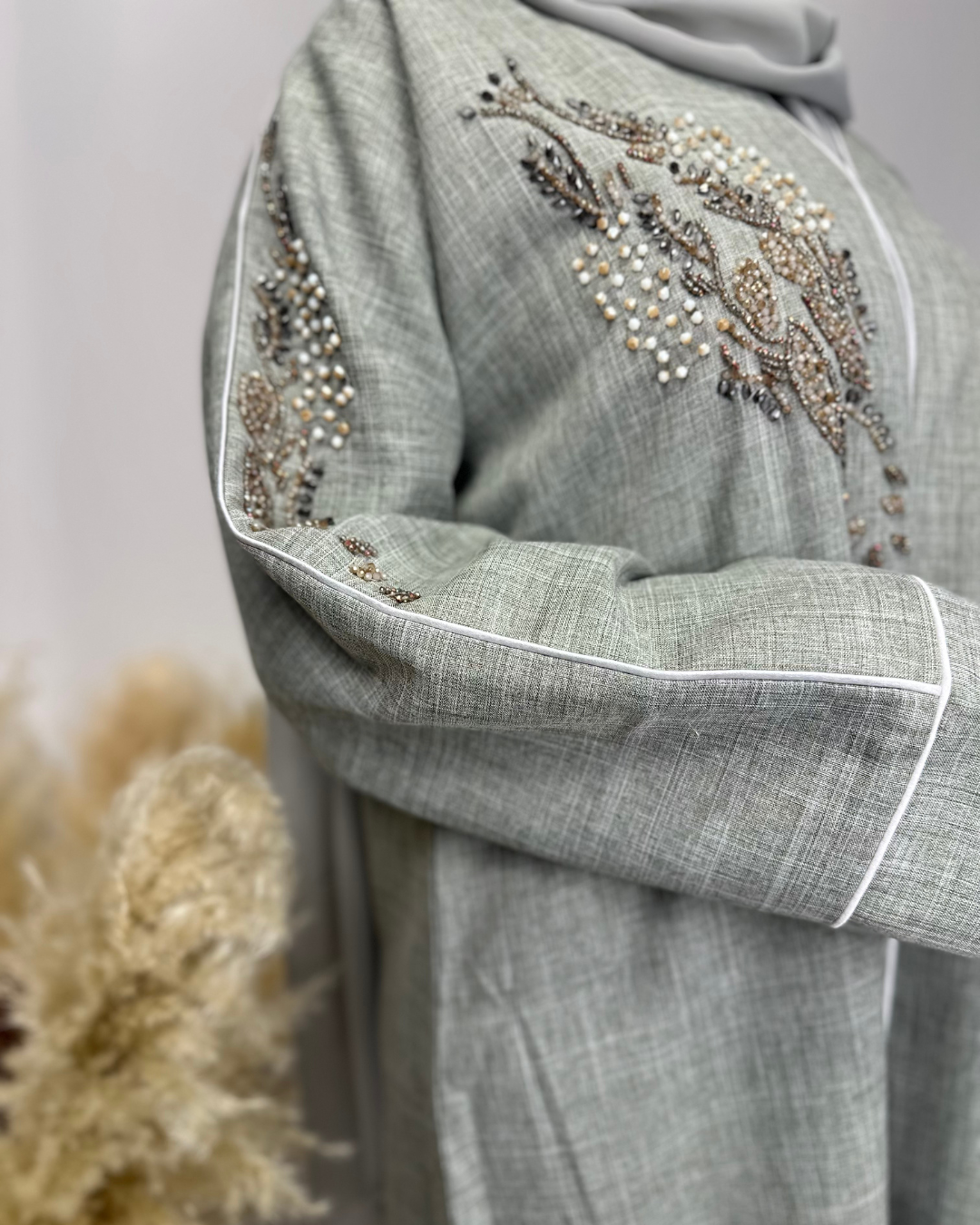 EMBELLISHED LINEN ABAYA - SAGE - Modesty