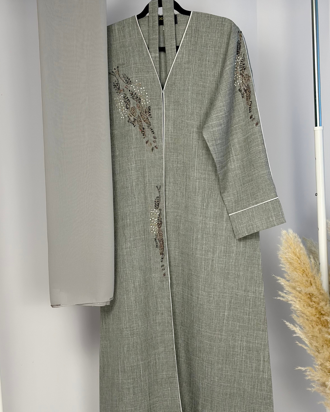 EMBELLISHED LINEN ABAYA - SAGE - Modesty