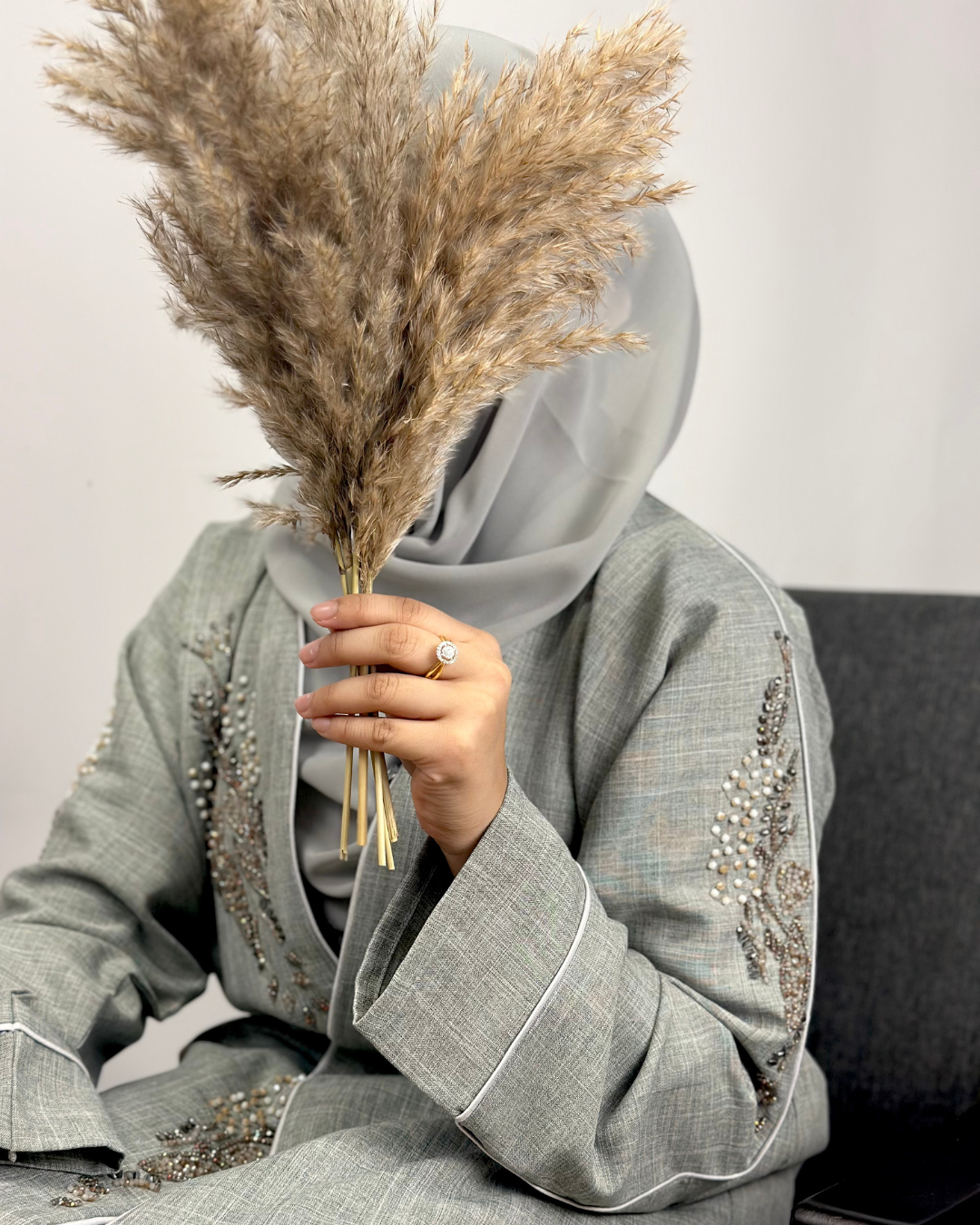 EMBELLISHED LINEN ABAYA - SAGE - Modesty