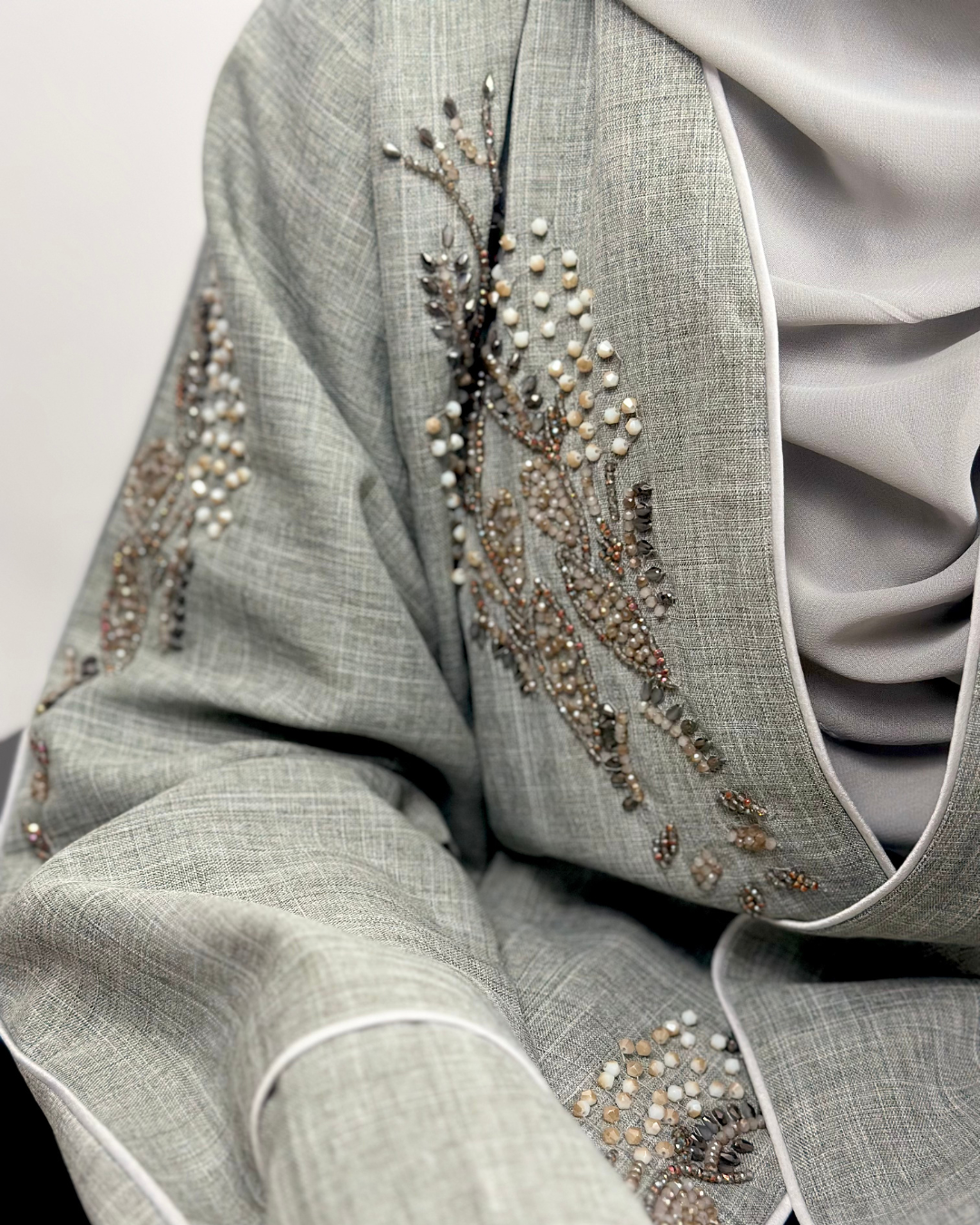 EMBELLISHED LINEN ABAYA - SAGE - Modesty