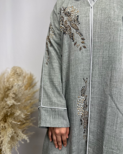 EMBELLISHED LINEN ABAYA - SAGE - Modesty